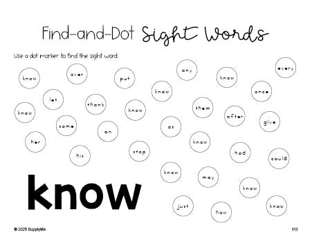 Free first grade worksheet, sight word dot marker printable coloring page, beginner sight word for 1st graders and high frequency word 'know', second 100 fry sight words, Dolch, PDF