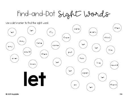 Free first grade worksheet, sight word dot marker printable coloring page, beginner sight word for 1st graders and high frequency word 'let', third 100 fry sight words, Dolch, PDF