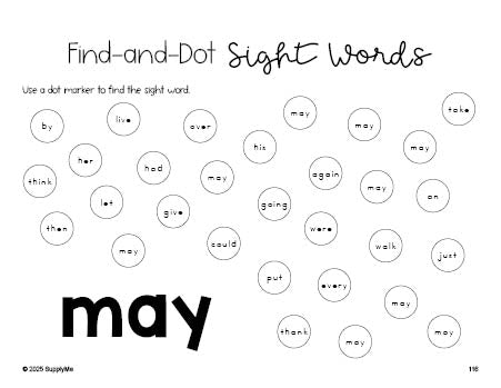 Free first grade worksheet, sight word dot marker printable coloring page, beginner sight word for 1st graders and high frequency word 'may', first 100 fry sight words, Dolch, PDF