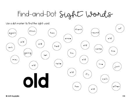 Free first grade worksheet, sight word dot marker printable coloring page, beginner sight word for 1st graders and high frequency word 'old', second 100 fry sight words, Dolch, PDF