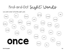 Free first grade worksheet, sight word dot marker printable coloring page, beginner sight word for 1st graders and high frequency word 'once', third 100 fry sight words, Dolch, PDF