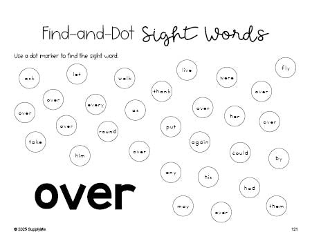 Free first grade worksheet, sight word dot marker printable coloring page, beginner sight word for 1st graders and high frequency word 'over', second 100 fry sight words, Dolch, PDF