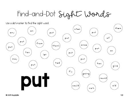 Free first grade worksheet, sight word dot marker printable coloring page, beginner sight word for 1st graders and high frequency word 'put', second 100 fry sight words, Dolch, PDF