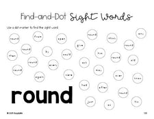 Free first grade worksheet, sight word dot marker printable coloring page, beginner sight word for 1st graders and high frequency word 'round', fifth 100 fry sight words, Dolch, PDF