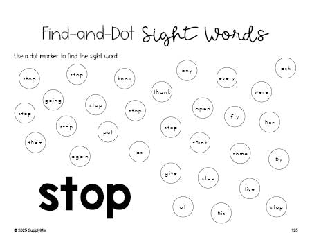 Free first grade worksheet, sight word dot marker printable coloring page, beginner sight word for 1st graders and high frequency word 'stop', third 100 fry sight words, Dolch, PDF