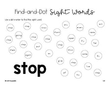 Free first grade worksheet, sight word dot marker printable coloring page, beginner sight word for 1st graders and high frequency word 'stop', third 100 fry sight words, Dolch, PDF