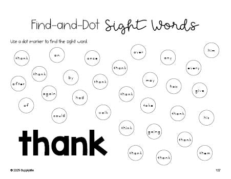 Free first grade worksheet, sight word dot marker printable coloring page, beginner sight word for 1st graders and high frequency word 'thank', Dolch, PDF