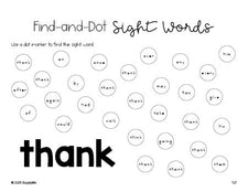 Free first grade worksheet, sight word dot marker printable coloring page, beginner sight word for 1st graders and high frequency word 'thank', Dolch, PDF