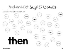 Free first grade worksheet, sight word dot marker printable coloring page, beginner sight word for 1st graders and high frequency word 'then', first 100 fry sight words, Dolch, PDF