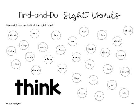 Free first grade worksheet, sight word dot marker printable coloring page, beginner sight word for 1st graders and high frequency word 'think', second 100 fry sight words, Dolch, PDF