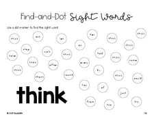 Free first grade worksheet, sight word dot marker printable coloring page, beginner sight word for 1st graders and high frequency word 'think', second 100 fry sight words, Dolch, PDF