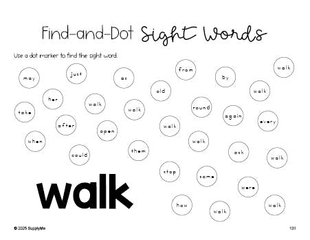 Free first grade worksheet, sight word dot marker printable coloring page, beginner sight word for 1st graders and high frequency word 'walk', third 100 fry sight words, Dolch, PDF