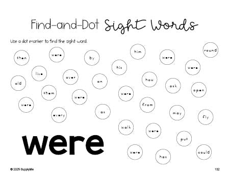 Free first grade worksheet, sight word dot marker printable coloring page, beginner sight word for 1st graders and high frequency word 'were', first 100 fry sight words, Dolch, PDF