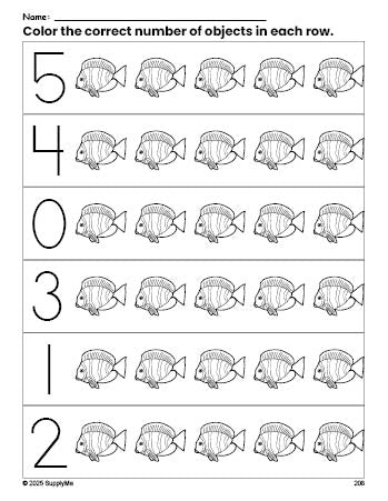 Free printable fish count and color worksheet for preschoolers, fish coloring page and counting worksheet numbers 0-5, PDF