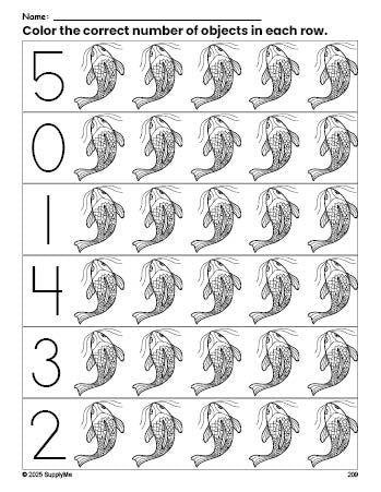 Free printable fish count and color worksheet for preschoolers, fish coloring page and counting worksheet numbers 0-5, PDF