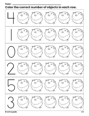 Free printable fish count and color worksheet for preschoolers, fish coloring page and counting worksheet numbers 0-5, PDF