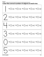 Free printable fish count and color worksheet for preschoolers, fish coloring page and counting worksheet numbers 0-5, PDF