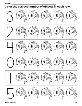 Free printable fish count and color worksheet for preschoolers, fish coloring page and counting worksheet numbers 0-5, PDF