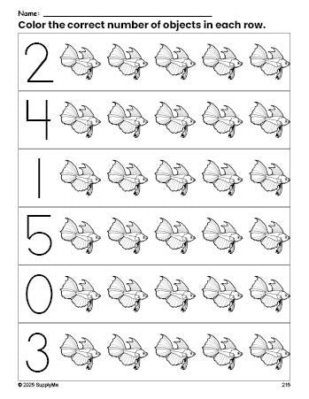 Free printable fish count and color worksheet for preschoolers, fish coloring page and counting worksheet numbers 0-5, PDF