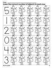 Free printable flower count and color worksheet for preschoolers, flower coloring page and counting worksheet numbers 0-5, PDF