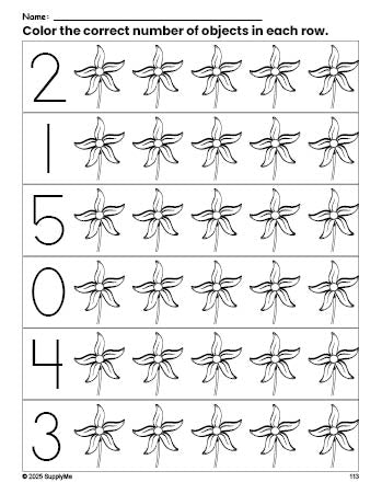 Free printable flower count and color worksheet for preschoolers, flower coloring page and counting worksheet numbers 0-5, PDF