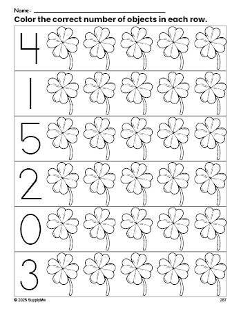 Free printable four leaf clover St. Patrick's Day count and color worksheet for preschoolers, St. Patrick's Day coloring page and counting worksheet numbers 0-5, PDF