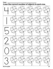 Free printable four leaf clover St. Patrick's Day count and color worksheet for preschoolers, St. Patrick's Day coloring page and counting worksheet numbers 0-5, PDF