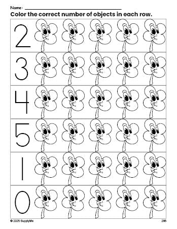 Free printable four leaf clover St. Patrick's Day count and color worksheet for preschoolers, St. Patrick's Day coloring page and counting worksheet numbers 0-5, PDF