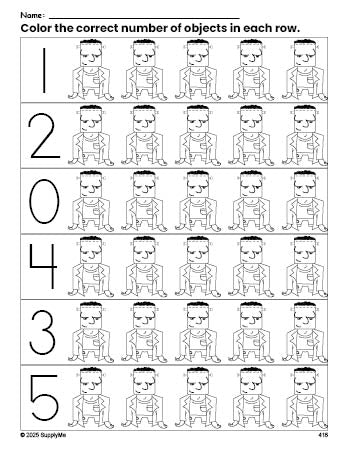 Free printable Frankenstein Halloween count and color worksheet for preschoolers, Halloween coloring page and counting worksheet numbers 0-5, PDF