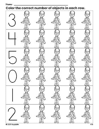 Free printable Frankenstein Halloween count and color worksheet for preschoolers, Halloween coloring page and counting worksheet numbers 0-5, PDF