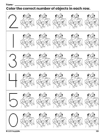 Free printable frog count and color worksheet for preschoolers, frog coloring page and counting worksheet numbers 0-5, PDF