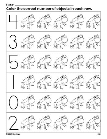 Free printable frog count and color worksheet for preschoolers, frog coloring page and counting worksheet numbers 0-5, PDF