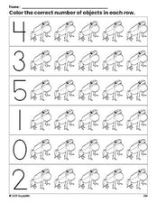 Free printable frog count and color worksheet for preschoolers, frog coloring page and counting worksheet numbers 0-5, PDF