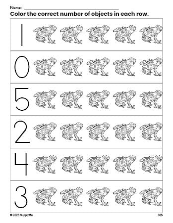 Free printable frog count and color worksheet for preschoolers, frog coloring page and counting worksheet numbers 0-5, PDF