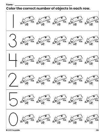 Free printable frog count and color worksheet for preschoolers, frog coloring page and counting worksheet numbers 0-5, PDF