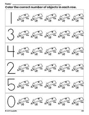 Free printable frog count and color worksheet for preschoolers, frog coloring page and counting worksheet numbers 0-5, PDF