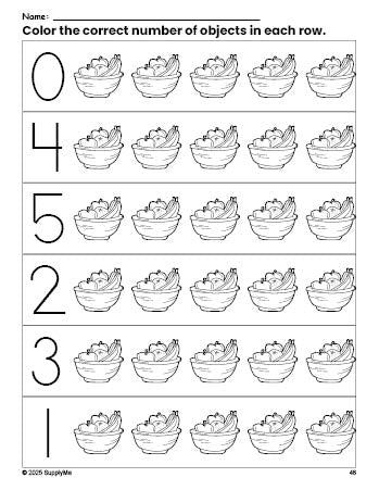 Free printable fruit Thanksgiving count and color worksheet for preschoolers, Thanksgiving coloring page and counting worksheet numbers 0-5, PDF