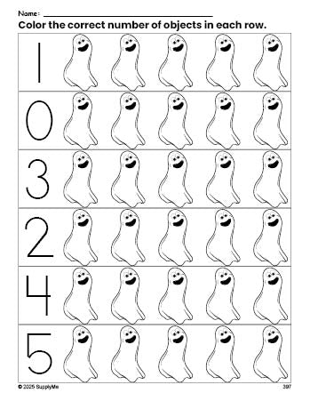 Free printable ghost Halloween count and color worksheet for preschoolers, Halloween coloring page and counting worksheet numbers 0-5, PDF