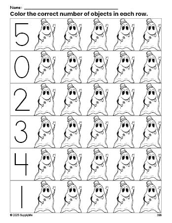 Free printable ghost Halloween count and color worksheet for preschoolers, Halloween coloring page and counting worksheet numbers 0-5, PDF