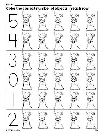 Free printable ghost Halloween count and color worksheet for preschoolers, Halloween coloring page and counting worksheet numbers 0-5, PDF