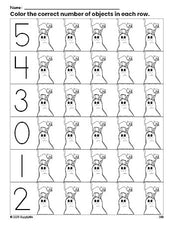 Free printable ghost Halloween count and color worksheet for preschoolers, Halloween coloring page and counting worksheet numbers 0-5, PDF