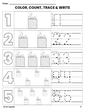 Free printable gift Christmas coloring page and number tracing worksheet, numbers 1-5 counting worksheet for preschool and pre-k