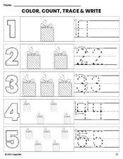 Free printable gift Christmas coloring page and number tracing worksheet, numbers 1-5 counting worksheet for preschool and pre-k