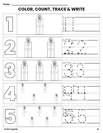 Free printable gift Christmas coloring page and number tracing worksheet, numbers 1-5 counting worksheet for preschool and pre-k