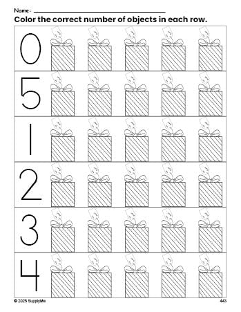 Free printable gift Christmas count and color worksheet for preschoolers, Christmas coloring page and counting worksheet numbers 0-5, PDF