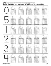 Free printable gift Christmas count and color worksheet for preschoolers, Christmas coloring page and counting worksheet numbers 0-5, PDF