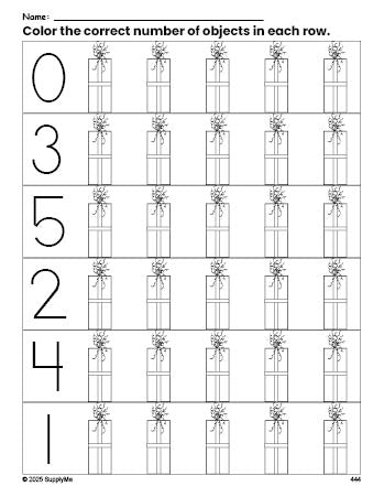 Free printable gift Christmas count and color worksheet for preschoolers, Christmas coloring page and counting worksheet numbers 0-5, PDF