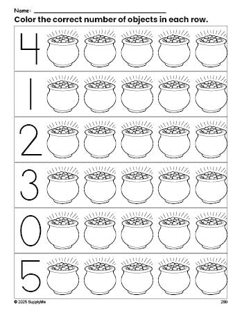 Free printable gold St. Patrick's Day count and color worksheet for preschoolers, St. Patrick's Day coloring page and counting worksheet numbers 0-5, PDF