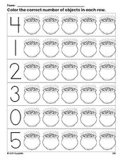 Free printable gold St. Patrick's Day count and color worksheet for preschoolers, St. Patrick's Day coloring page and counting worksheet numbers 0-5, PDF