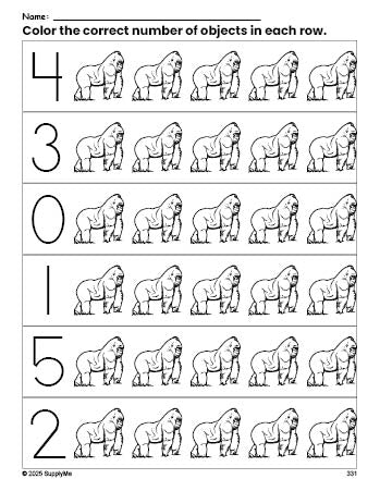 Free printable gorilla count and color worksheet for preschoolers, gorilla coloring page and counting worksheet numbers 0-5, PDF